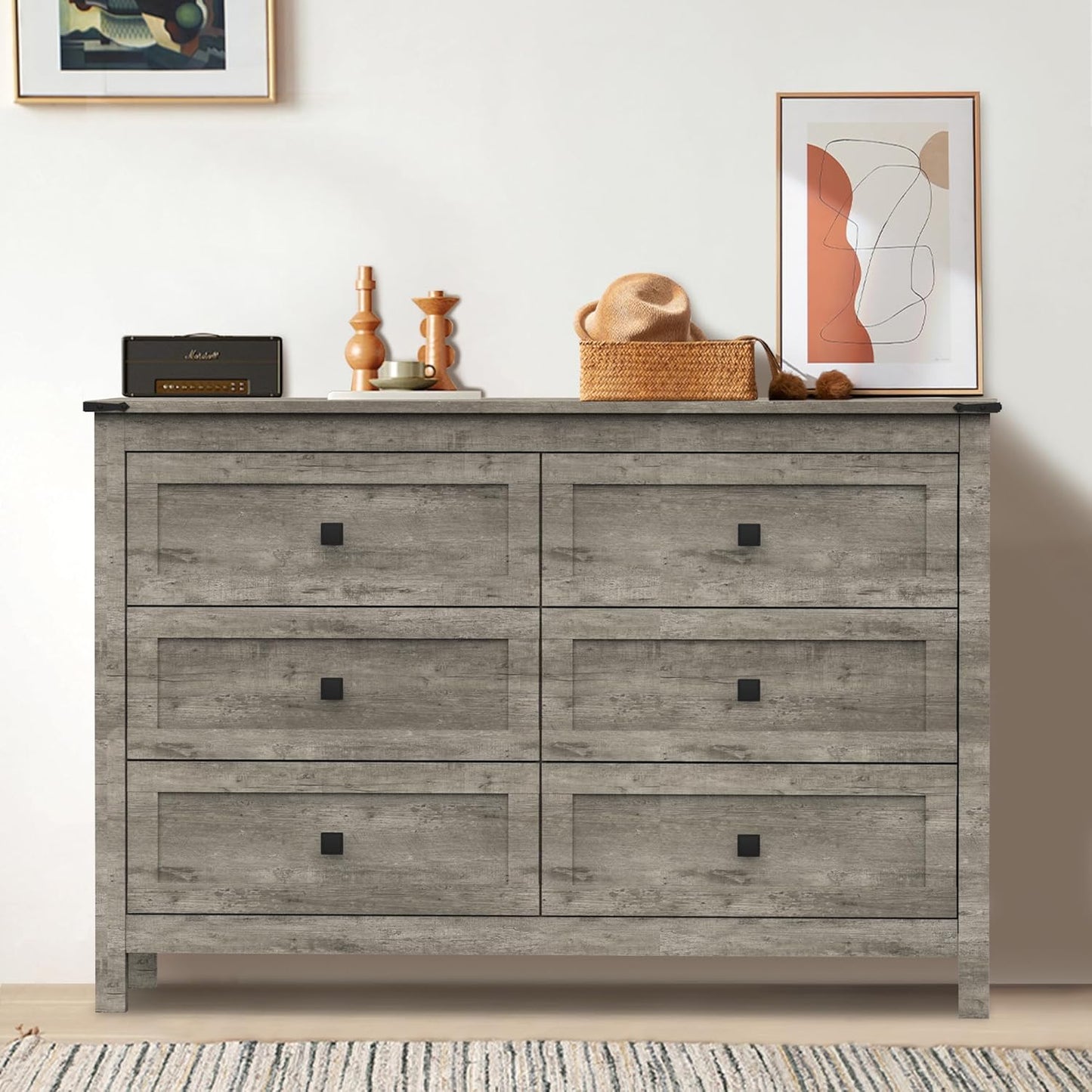 Farmhouse Bedroom Furniture Set, Rustic Wood Double Dresser Chest of Drawers. 6-Drawer Chest of Drawers Wide Storage Organizer Cabinet for Bedroom, Living Room, 1Pc Dresser+1Pc Nightstand