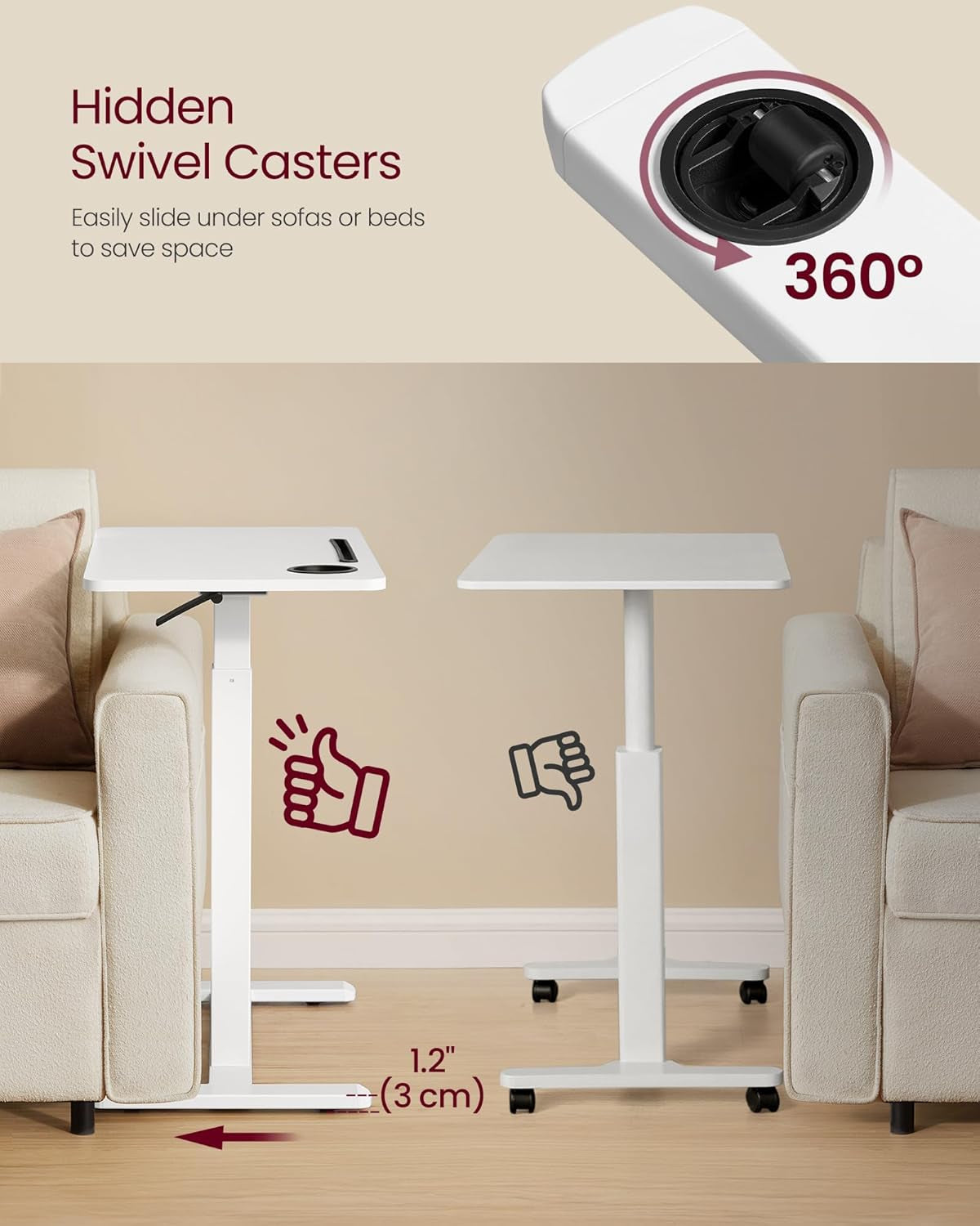 Overbed Table with Wheels, Mobile Standing Computer Desk, 31.5 X 17.7 Inches Tabletop, Adjustable Height, 2 Cup Holders, Phone and Tablet Slot, Cloud White ULSD601W01