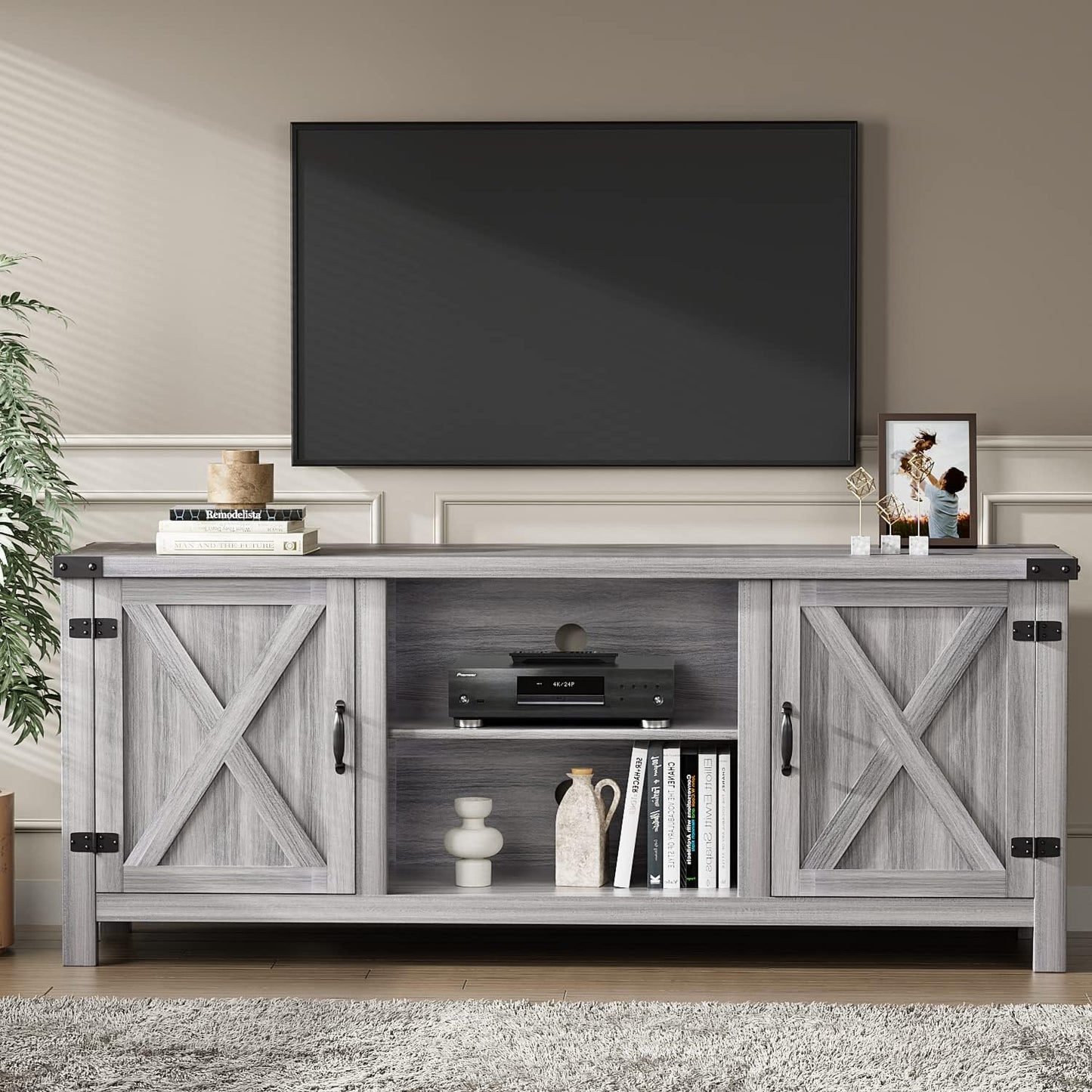 Modern Farmhouse TV Stand with Two Barn Doors and Storage Cabinets for Televisions up to 65+ Inch, Entertainment Center Console Table, Media Furniture for Living Room, 58 Inch, Gray Wash