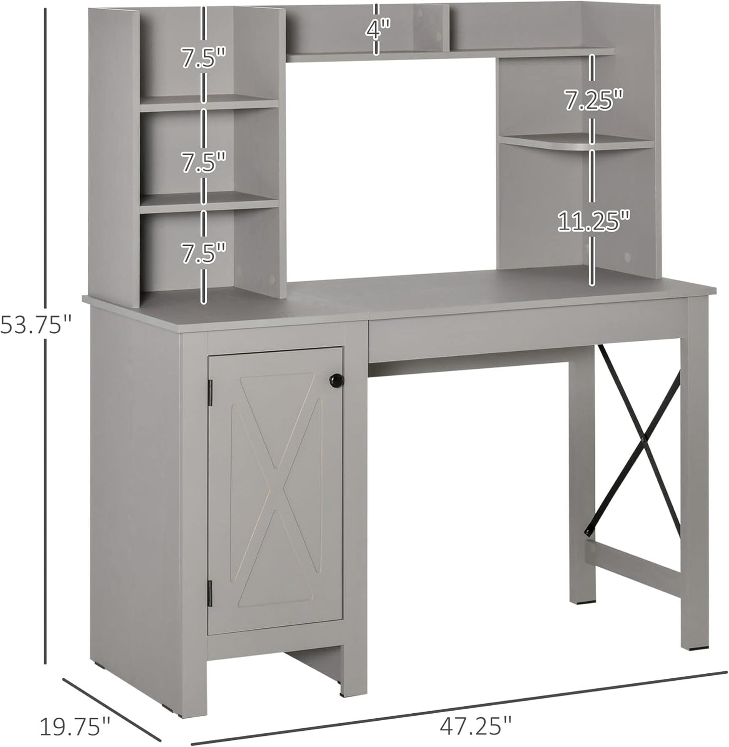 Farmhouse Computer Desk with Hutch and Cabinet, Home Office Desk with Storage, for Study, Light Grey