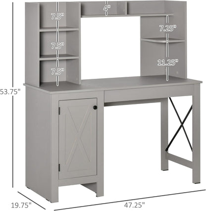 Farmhouse Computer Desk with Hutch and Cabinet, Home Office Desk with Storage, for Study, Light Grey