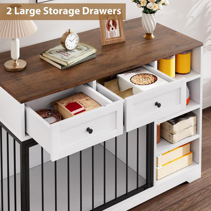 47" Dog Crate Furniture with Drawers & Shelves, Wooden Dog Kennel Furniture TV Stand, Rustic Pet Crate End Table for Medium Large Dogs