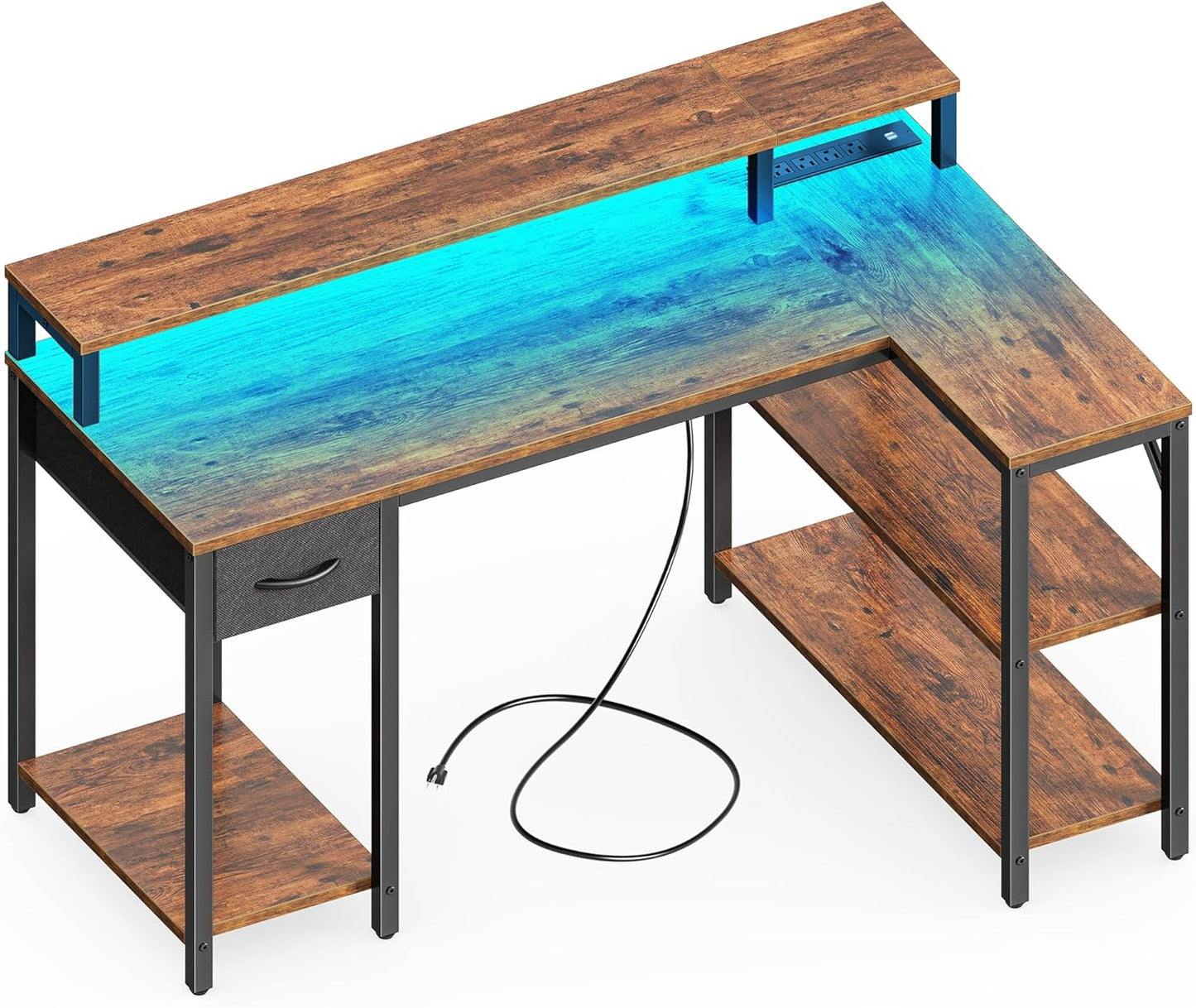 47 Inch Reversible L Shaped Desk with LED Lights & Power Outlets, Computer Desk with Shelves & Monitor Stand, Gaming Desk with Drawer, Home Office Desk Corner Desk, PU White Drawer