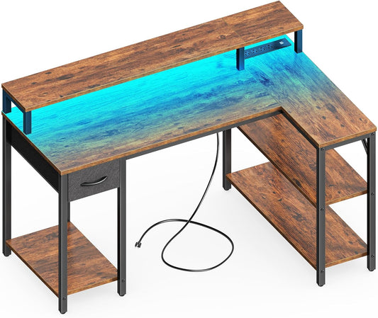 47 Inch Reversible L Shaped Desk with LED Lights & Power Outlets, Computer Desk with Shelves & Monitor Stand, Gaming Desk with Drawer, Home Office Desk Corner Desk, Rustic Brown