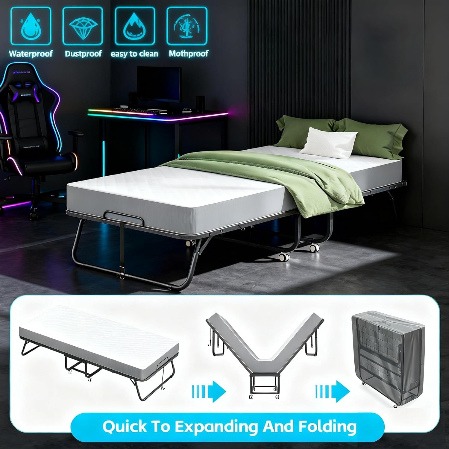 Folding Bed with Mattress, Twin Foldable Bed, Roll Away Beds for Adults, 75" X 31" Roll Away Portable Beds with 5" Mattress, Folded Frame for Small Apartment, Guest Room