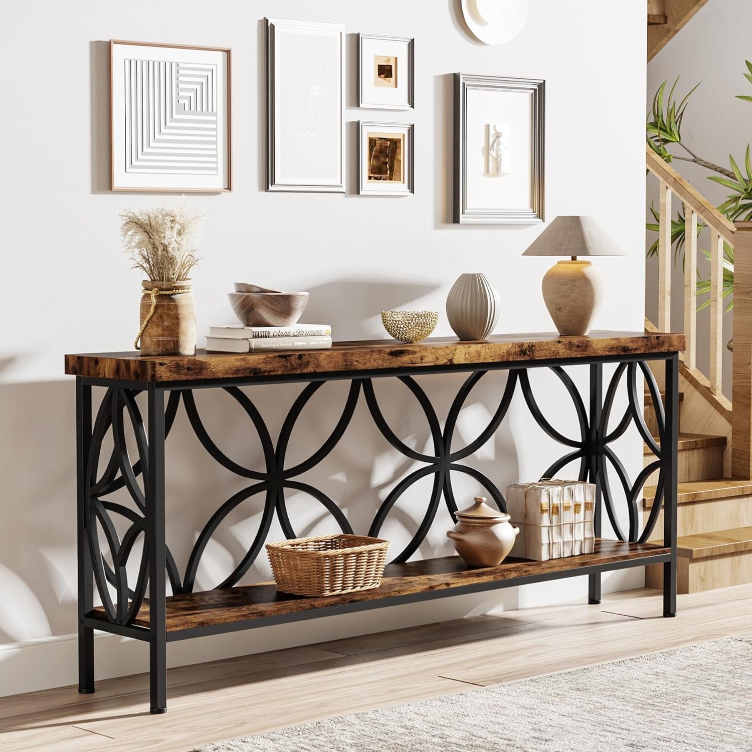 70.9-Inch Narrow Sofa Table, Industrial Long Sofa Table behind Couch, Entry Console Table with Storage for Entryway, Living Room, Foyer, Unique Design, Rustic Brown
