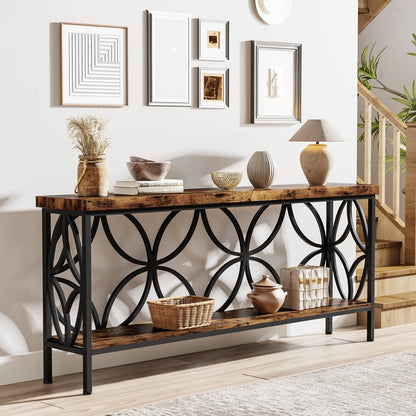 70.9-Inch Narrow Sofa Table, Industrial Long Sofa Table behind Couch, Entry Console Table with Storage for Entryway, Living Room, Foyer, Unique Design, Rustic Brown | Narrow, Industrial, Long, Entry Console Table, with Storage