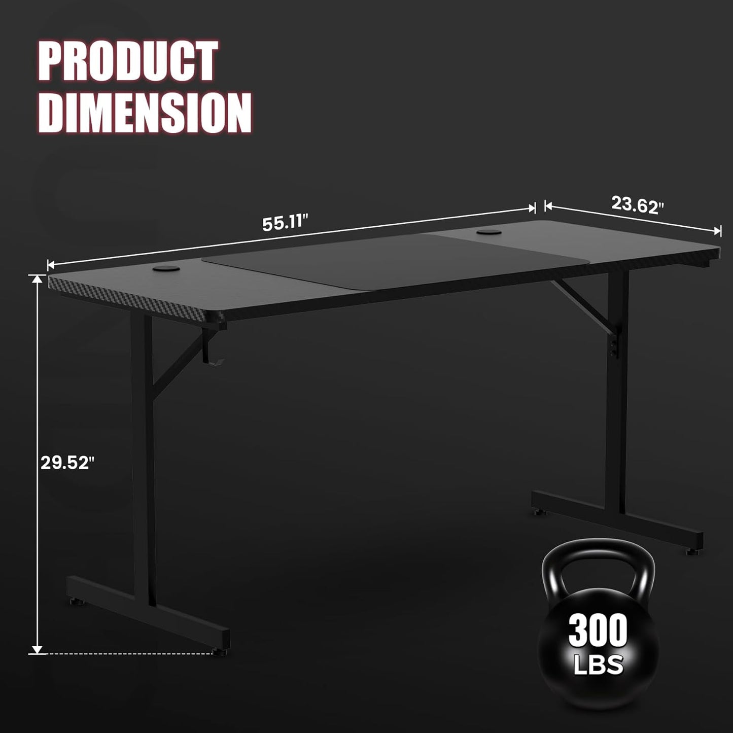 Gaming Desk 55 Inch with LED Lights, Large Computer Desk with Mouse Pad for Home Office, T-Shaped Carbon Fibre Surface PC Game Workstations with Headphone Hook