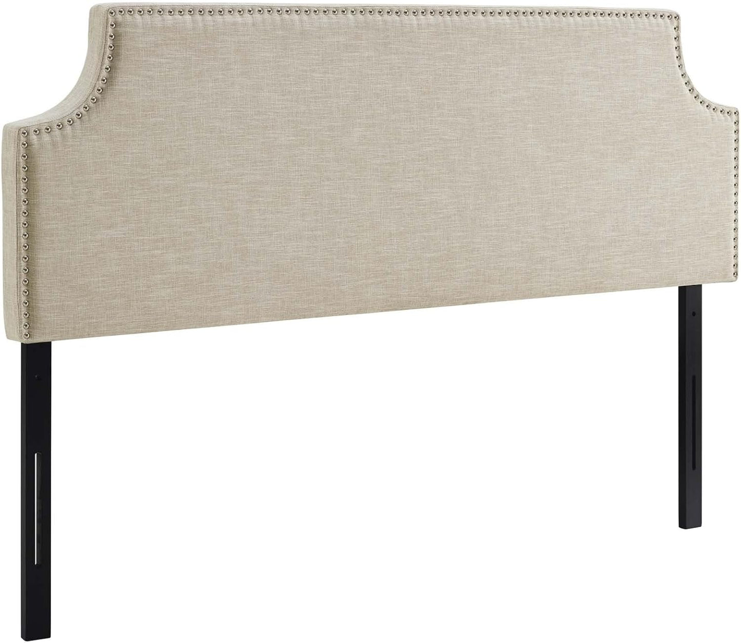 Laura Linen Fabric Upholstered Queen Size Headboard with Nailhead Trim in Beige