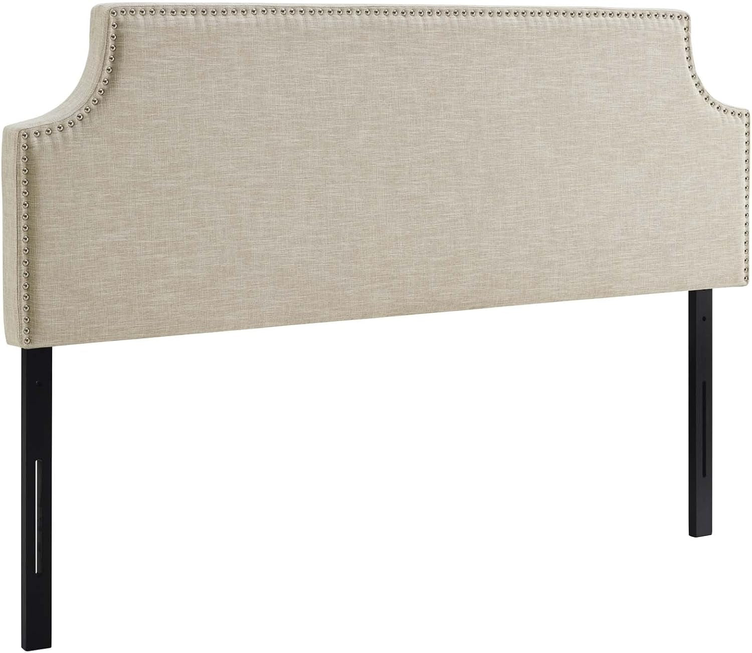 Laura Linen Fabric Upholstered Queen Size Headboard with Nailhead Trim in Beige