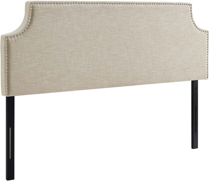 Laura Linen Fabric Upholstered Queen Size Headboard with Nailhead Trim in Beige