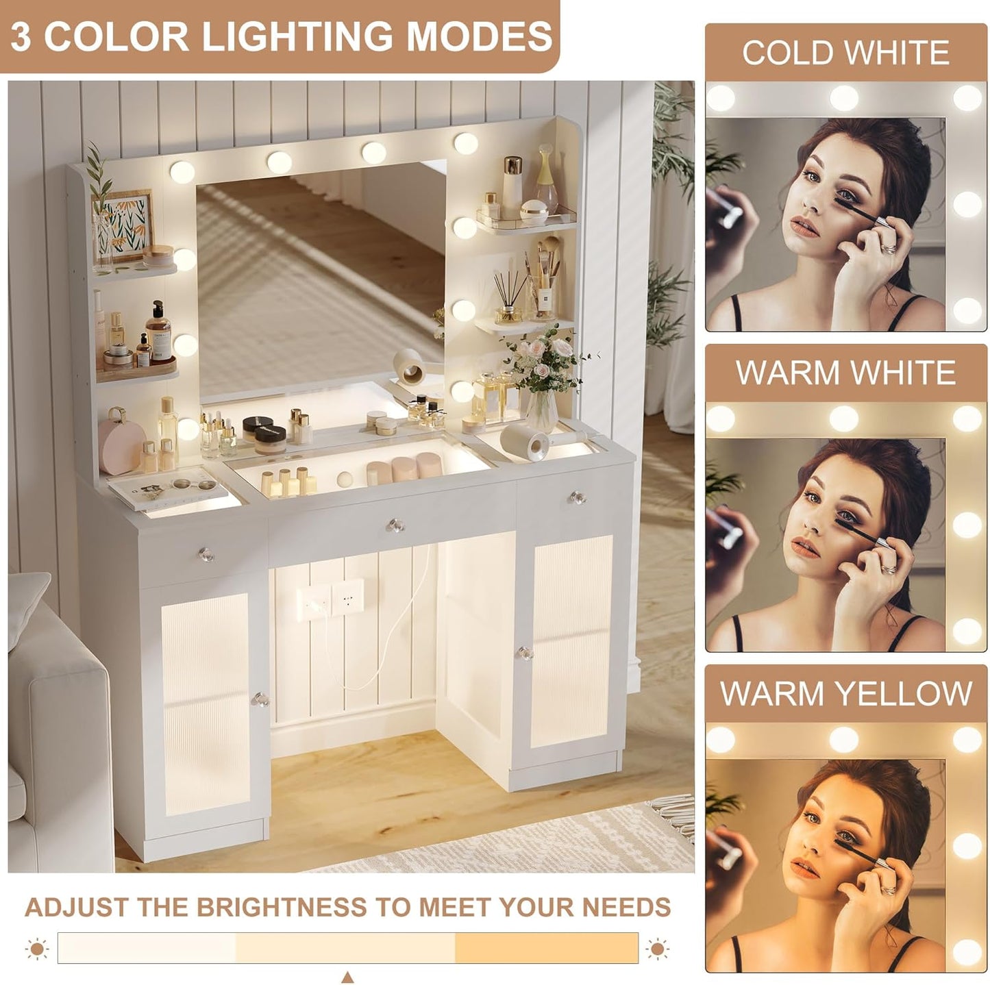 Makeup Vanity with Glass Top, White Vanity Desk with Mirror and Lights, Big Vanity with Drawers & Cabinets for Bedroom, Cute Vanity with Crystal Knobs & Power Outlet for Women