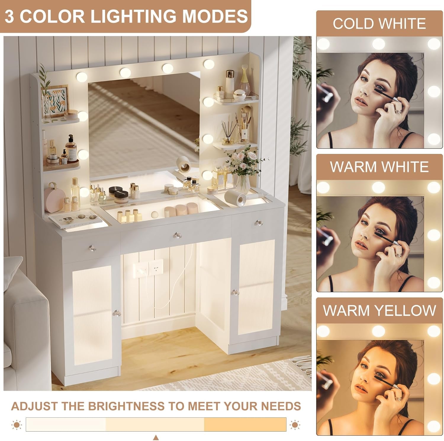 Makeup Vanity with Glass Top, White Vanity Desk with Mirror and Lights, Big Vanity with Drawers & Cabinets for Bedroom, Cute Vanity with Crystal Knobs & Power Outlet for Women