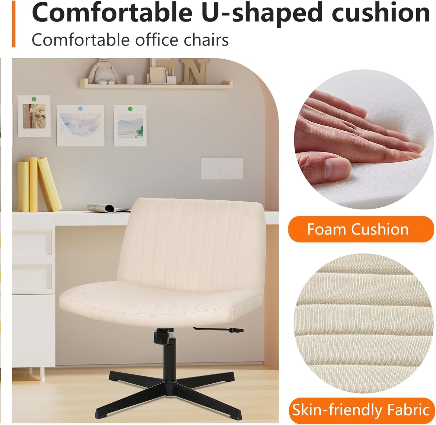 Criss Cross Chair Armless Cross Legged Office Desk Chair Adjustable Swivel Ergonomic Desk Chair No Wheels U Shaped Backrest with Wide Seat Native Sponge Computer Task Vanity Chair for Home Office