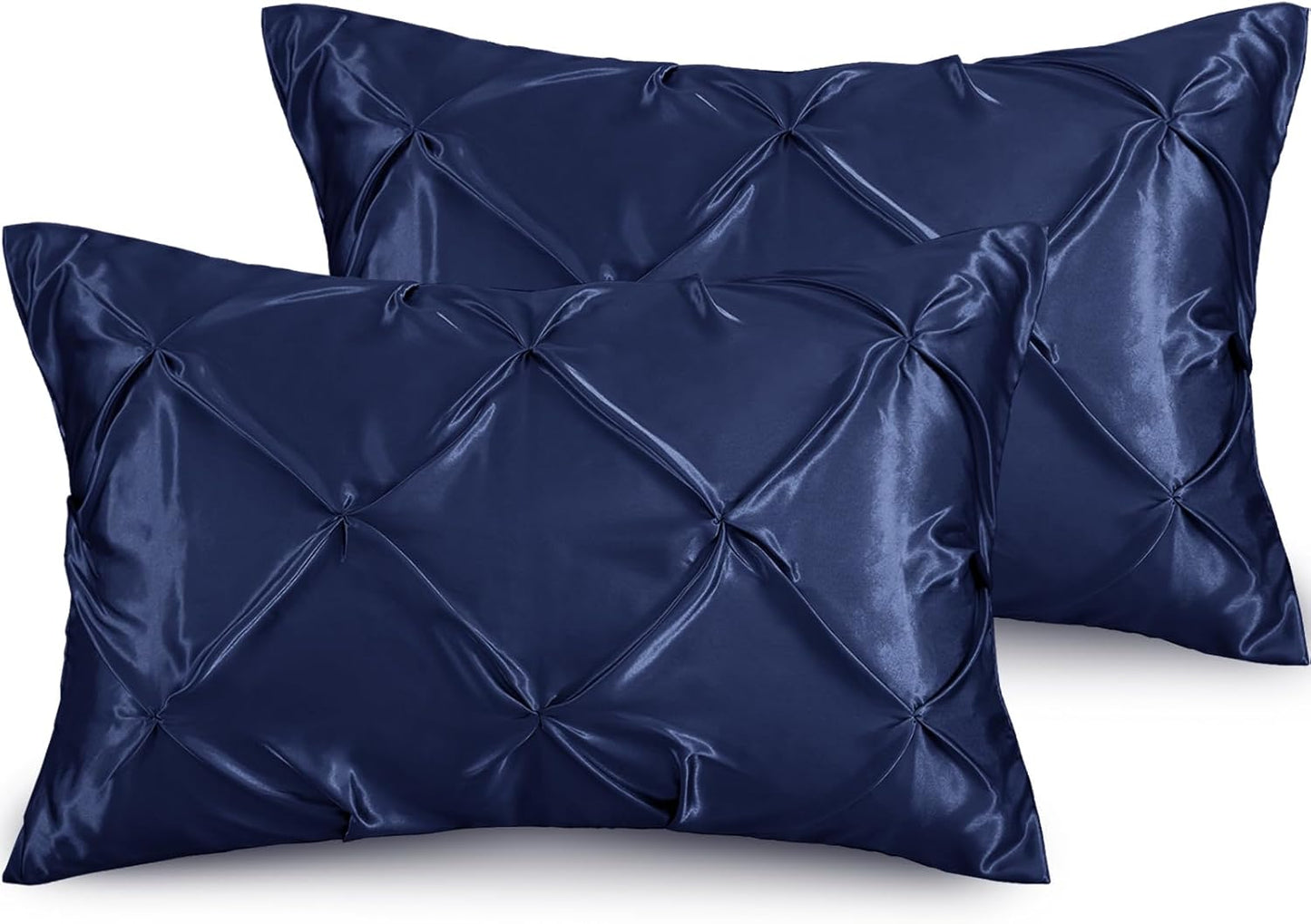 Pintuck Satin Pillowcase King Size Set of 2, Navy Blue Satin Pillow Shams Pinch Pleated Silky Smooth Pillow Covers for Hair, Decorative Pillow Case with Envelope Closure