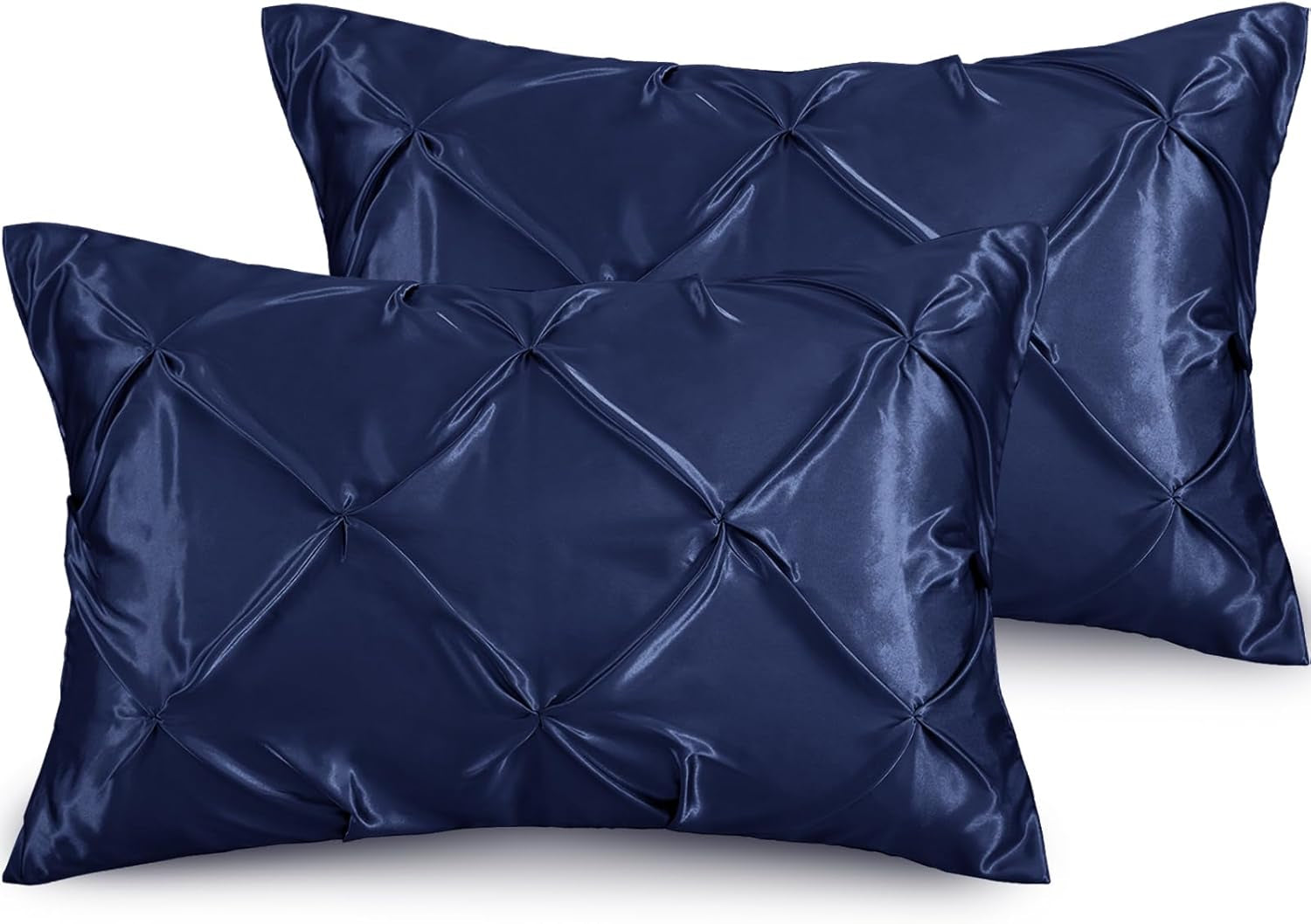 Pintuck Satin Pillowcase King Size Set of 2, Navy Blue Satin Pillow Shams Pinch Pleated Silky Smooth Pillow Covers for Hair, Decorative Pillow Case with Envelope Closure