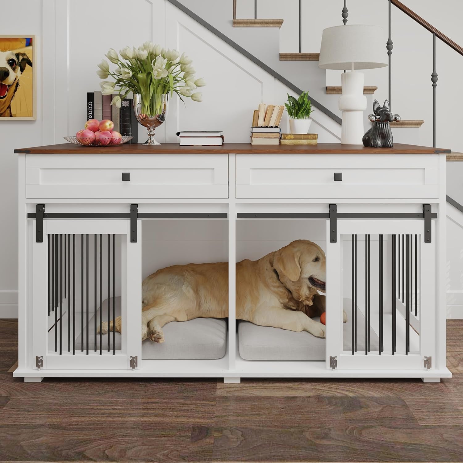 Large Dog Crate Furniture for 2 Large Medium Dogs,63 Inch Wooden Dog Kennel with 2 Drawers & Removable Divider,Sliding Door, Farmhouse Style Indoor Dog Cage Cabinet TV Stand Table,White