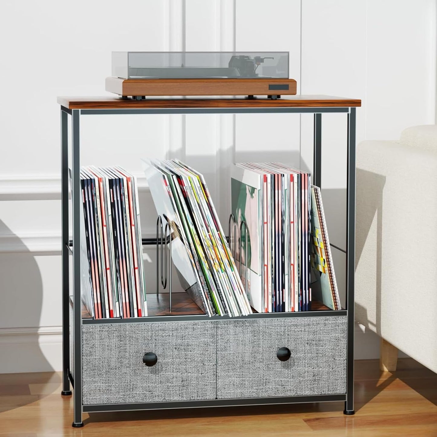Record Player Stand with Vinyl Storage, 2-Tier Record Shelf Table with Fabric Drawer, Holds up to 110 Vinyl Records, Record Player Table for Turntable and Albums, 23.62"D × 11.81" W× 25.59"H