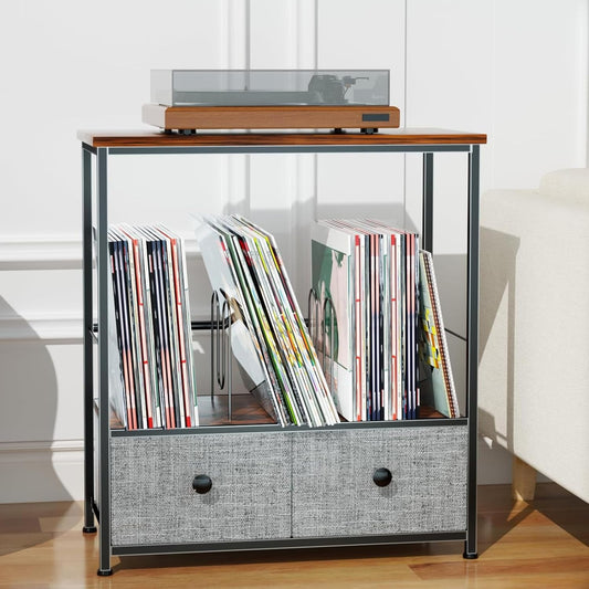 Record Player Stand with Vinyl Storage, 2-Tier Record Shelf Table with Fabric Drawer, Holds up to 110 Vinyl Records, Record Player Table for Turntable and Albums, 23.62"D × 11.81" W× 25.59"H