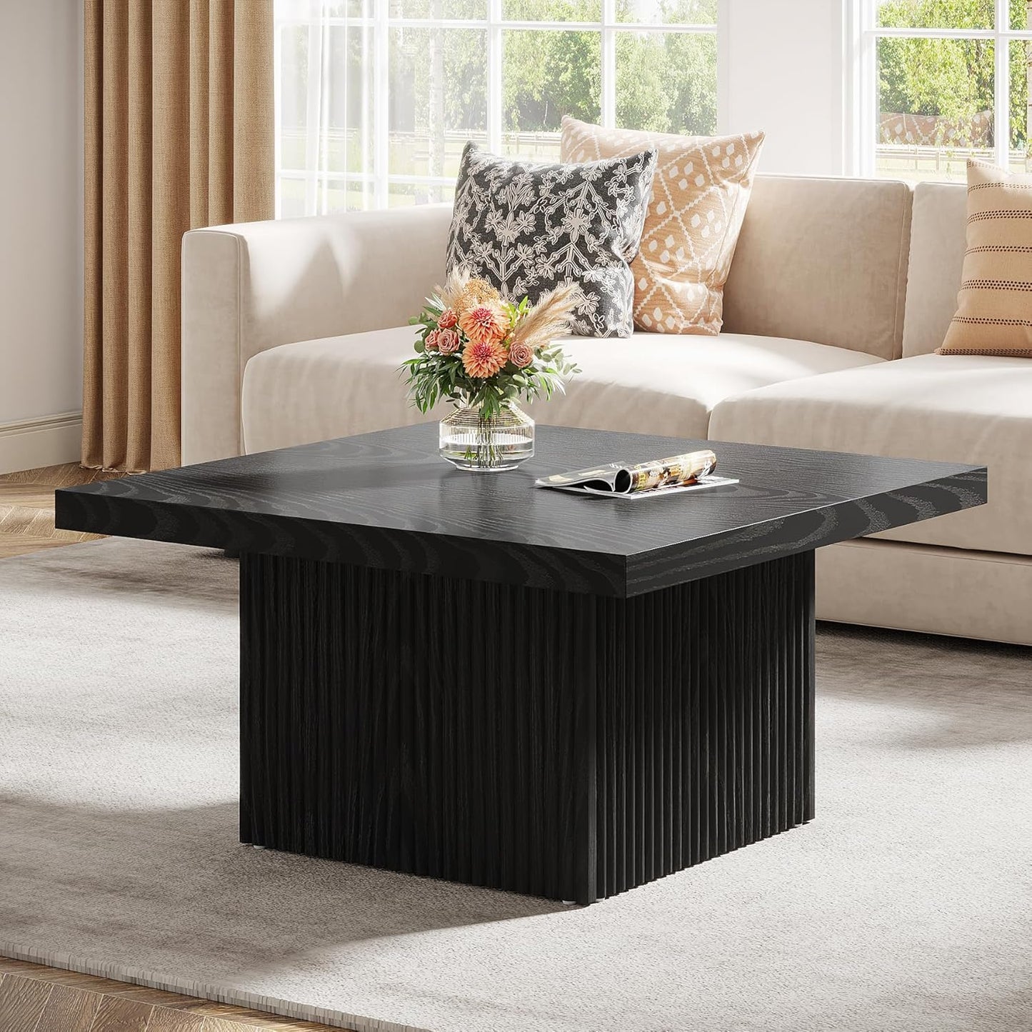 Square Coffee Table, 31.5-Inch Fluted Coffee Table, Mid-Century Modern Living Room Table, Large Cocktail Table for Living Room, Easy Assembly, Black