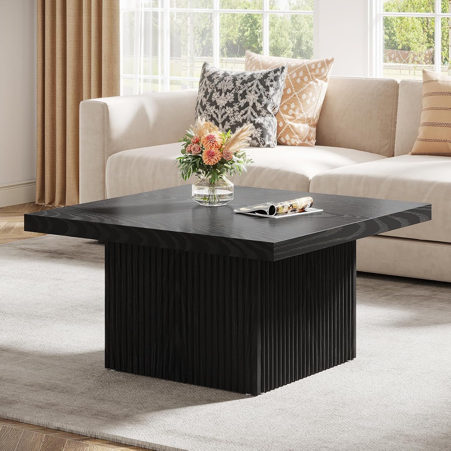 Square Coffee Table, 31.5-Inch Fluted Coffee Table, Mid-Century Modern Living Room Table, Large Cocktail Table for Living Room, Easy Assembly, Black