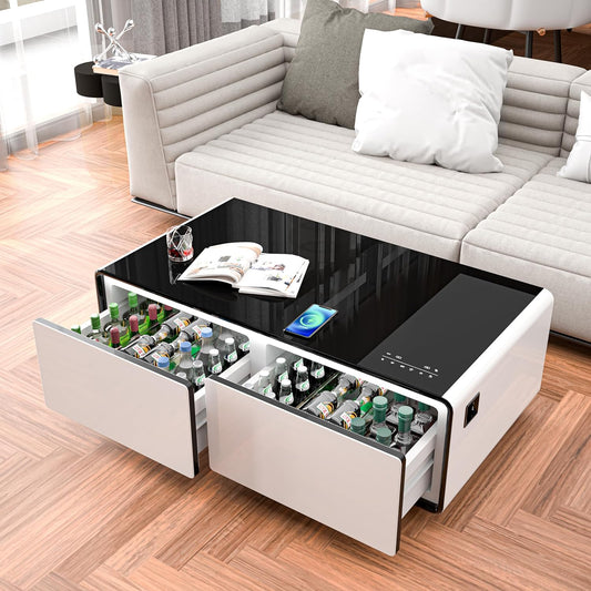 Modern Smart Coffee Table with Built-In Fridge,Bluetooth Speaker,Wireless Charging Module, Touch Control Panel,Power Socket,Usb Interface,Outlet Protection,Atmosphere Light