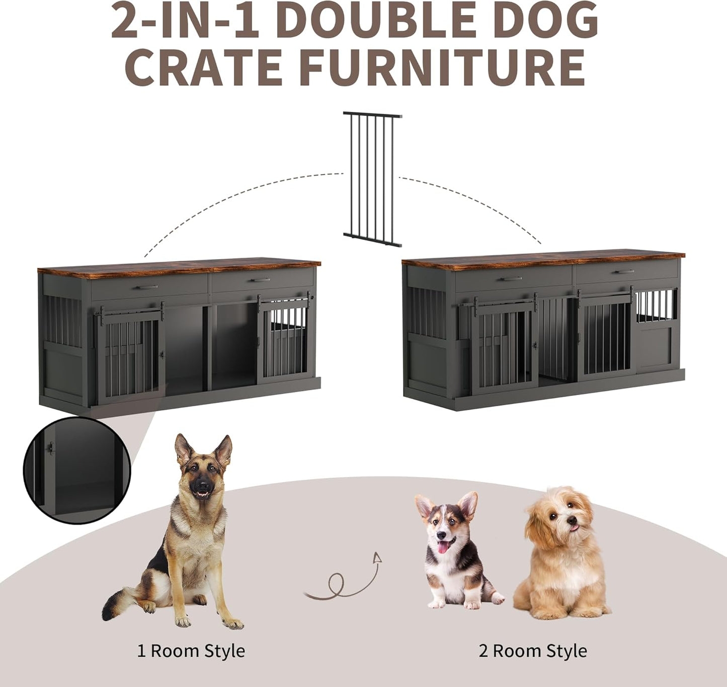 Large Dog Crate Furniture for 2 Dogs 71 Inches Decorative Indoor Dog Kennel Furniture with 2 Drawers XXL Heavy Duty Dog Crates Cage Furniture with Removable Divider and Sliding Doors Black