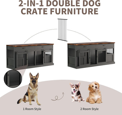 Large Dog Crate Furniture for 2 Dogs 71 Inches Decorative Indoor Dog Kennel Furniture with 2 Drawers XXL Heavy Duty Dog Crates Cage Furniture with Removable Divider and Sliding Doors Black