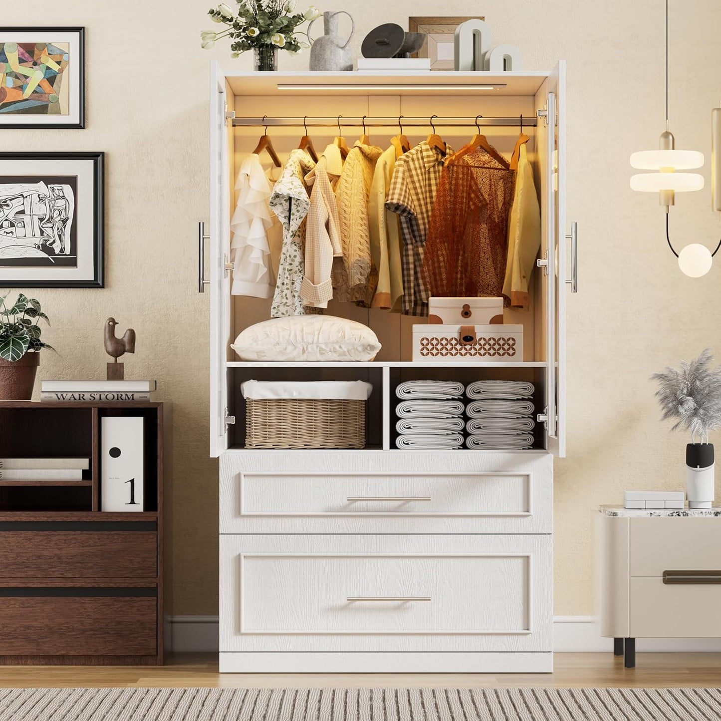 Armoire Wardrobe Closet with Glass Door and Drawers, Bedroom Closet Wardrobe Cabinet with Hanging Rod, Lighted Freestanding Armoire Storage Cabinet for Bedroom Cloakroom White