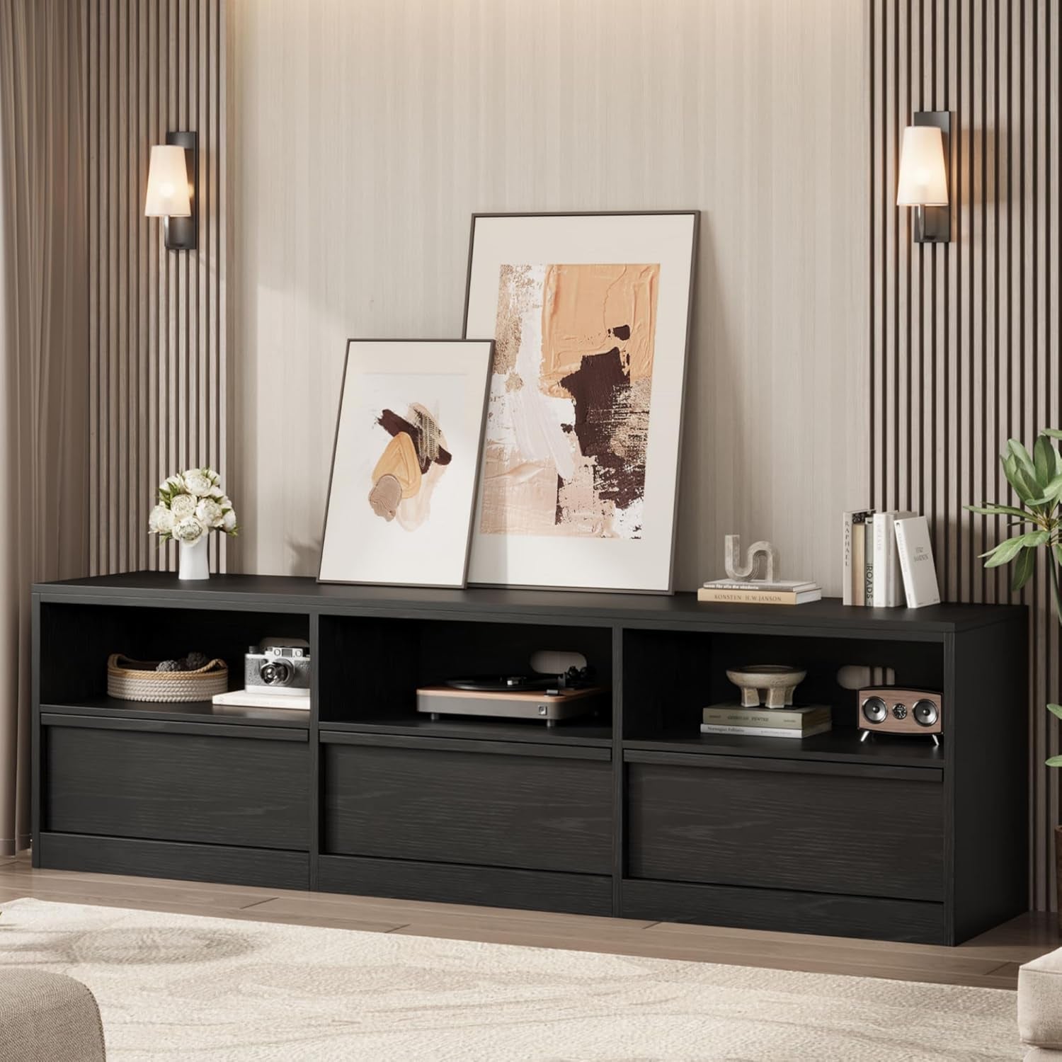 70 Inch TV Stand for 80" Tvs, Mid Century Modern Entertainment Center with Storage Drawer & Open Shelves, Wood Media Console Cabinet for Living Room/Bedroom, Black