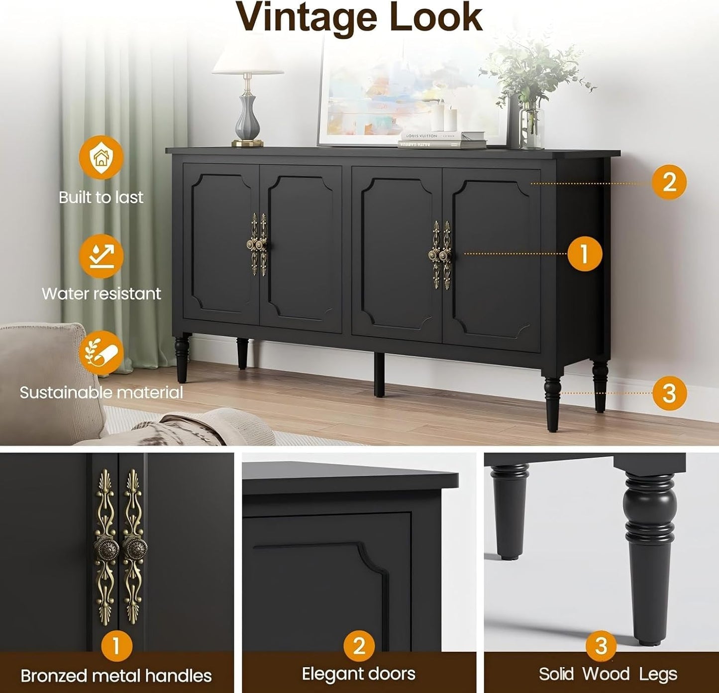 59'' Sideboard Buffet Cabinet with Storage, Modern Buffet Cabinet with Adjustable Shelves & Carved Handle, Mid Century Large Credenza Coffee Bar for Dining Room, Living Room (Satin Black)