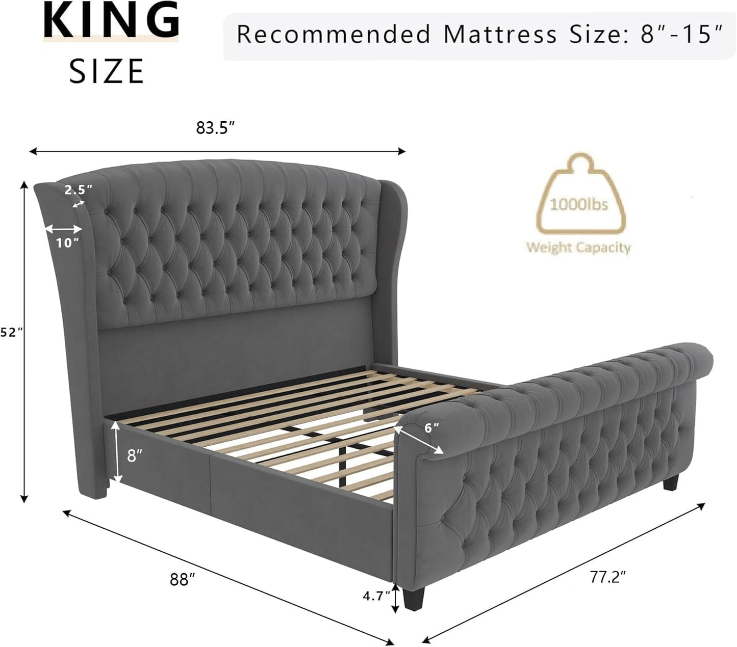 King Size Platform Bed Frame, Velvet Upholstered Sleigh Bed with Scroll Wingback Headboard & Footboard/Button Tufted/No Box Spring Required/Grey
