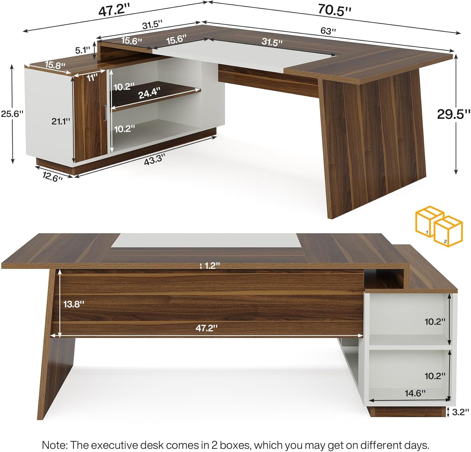 L-Shaped Executive Office Desk, 70.5-Inch Mid-Century Modern Executive Desk with Storage Cabinet and Shelves, Large Computer Desk for Home Office, Brown + White