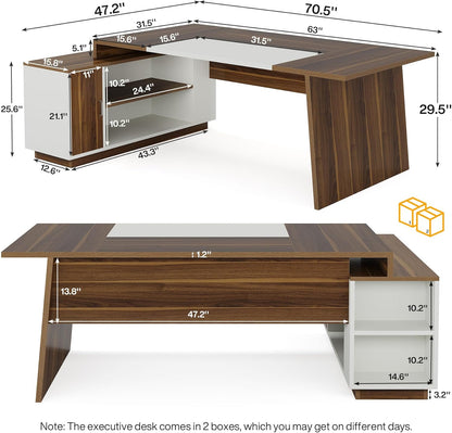 L-Shaped Executive Office Desk, 70.5-Inch Mid-Century Modern Executive Desk with Storage Cabinet and Shelves, Large Computer Desk for Home Office, Brown + White