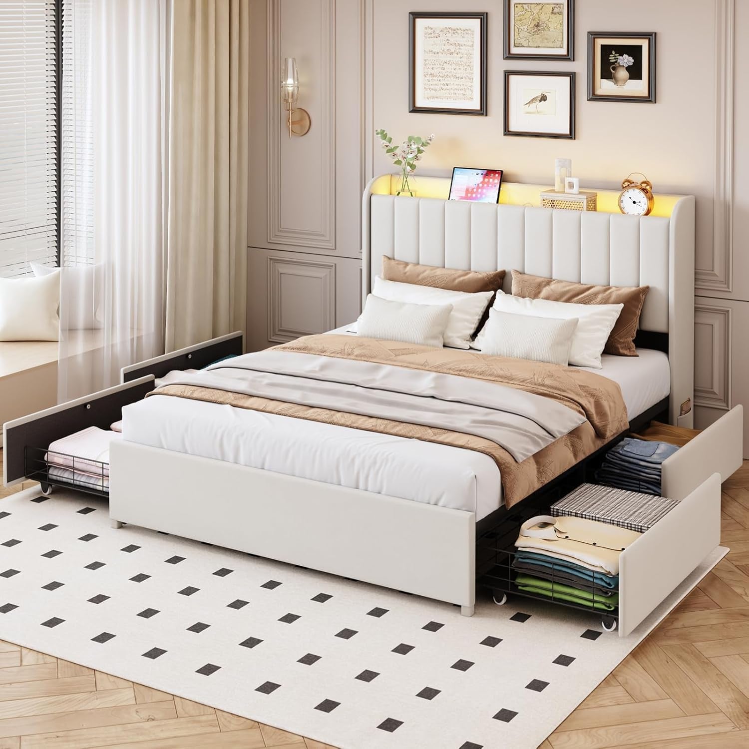 Queen Bed Frame with 4 Drawers and Storage Headboard, Upholstered Platform Bed Frame Queen Size with Led Lights and Handy Charging Station, No Box Spring Needed, Easy Assembly, Noise Free, Beige