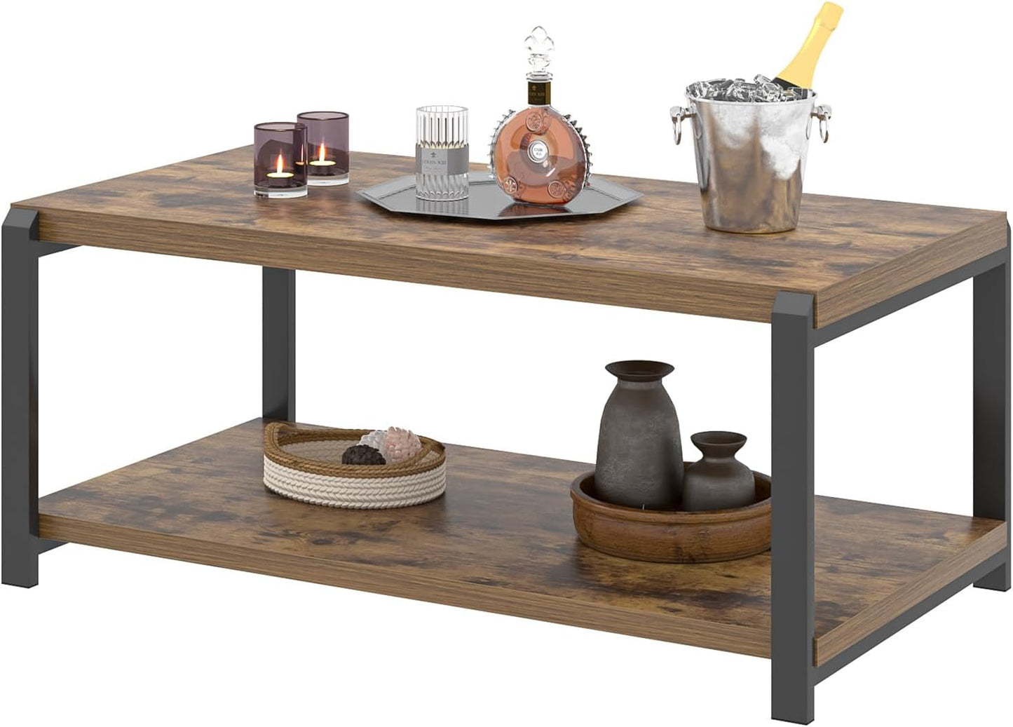 Modern Coffee Table, Industrial Wood and Metal Center Table, Cocktail Tea Tables for Living Room, Rustic Brown