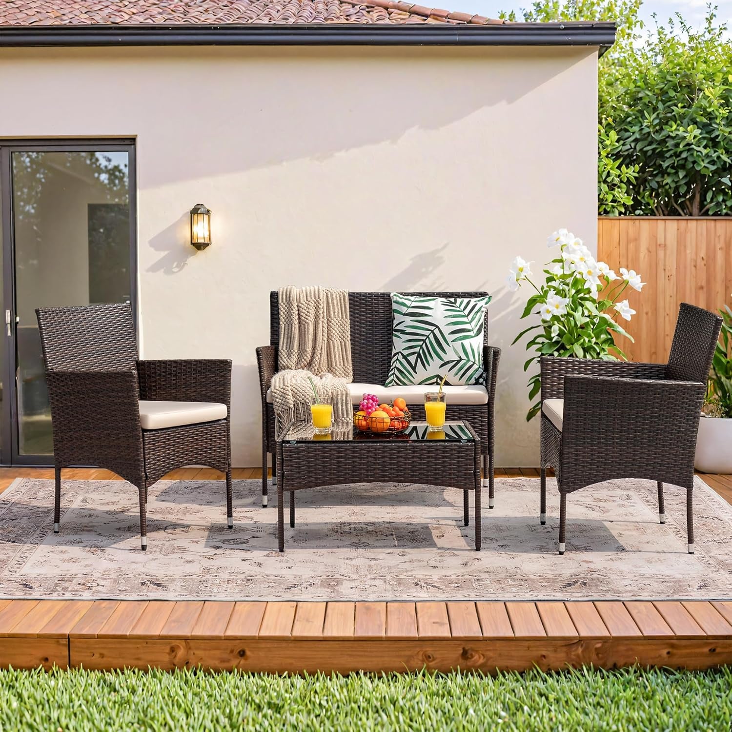 4 Pieces Outdoor Patio Furniture Sets Rattan Chair Wicker Set,Outdoor Indoor Use Backyard Porch Garden Poolside Balcony Furniture (Brown and Beige)