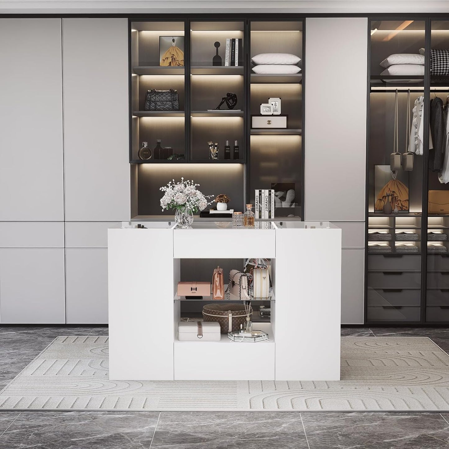Closet Island with Drawers, Wardrobe Armoire Bedroom Island, Glass Display Shelf & 12 Drawers, White Dresser with Glass Top, Walk-In Closet Island for Bedroom, Cloakroom