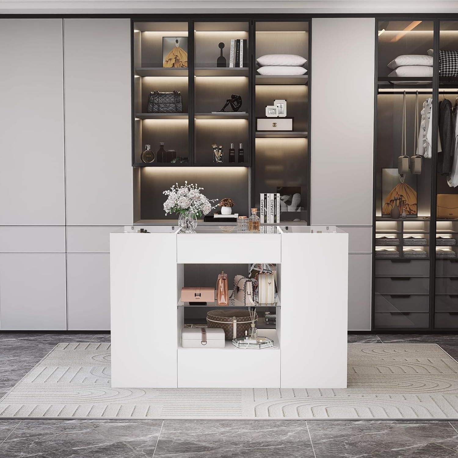 Closet Island with Drawers, Wardrobe Armoire Bedroom Island, Glass Display Shelf & 12 Drawers, White Dresser with Glass Top, Walk-In Closet Island for Bedroom, Cloakroom