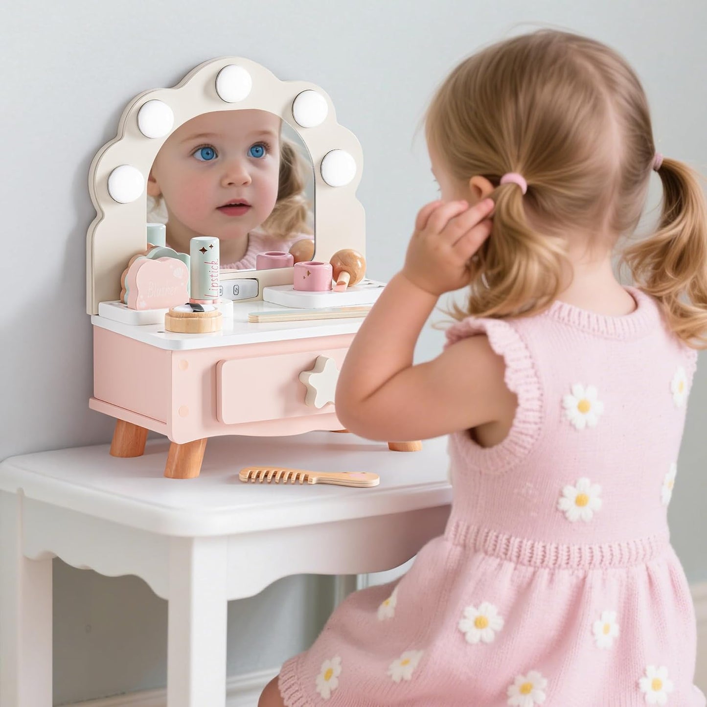 Toddler Vanity Makeup Table Toy with Mirror & Light, Wooden Kids Makeup Vanity Set, Dressing Table with Accessories and Lights, Pretend Makeup Set for Little Girls