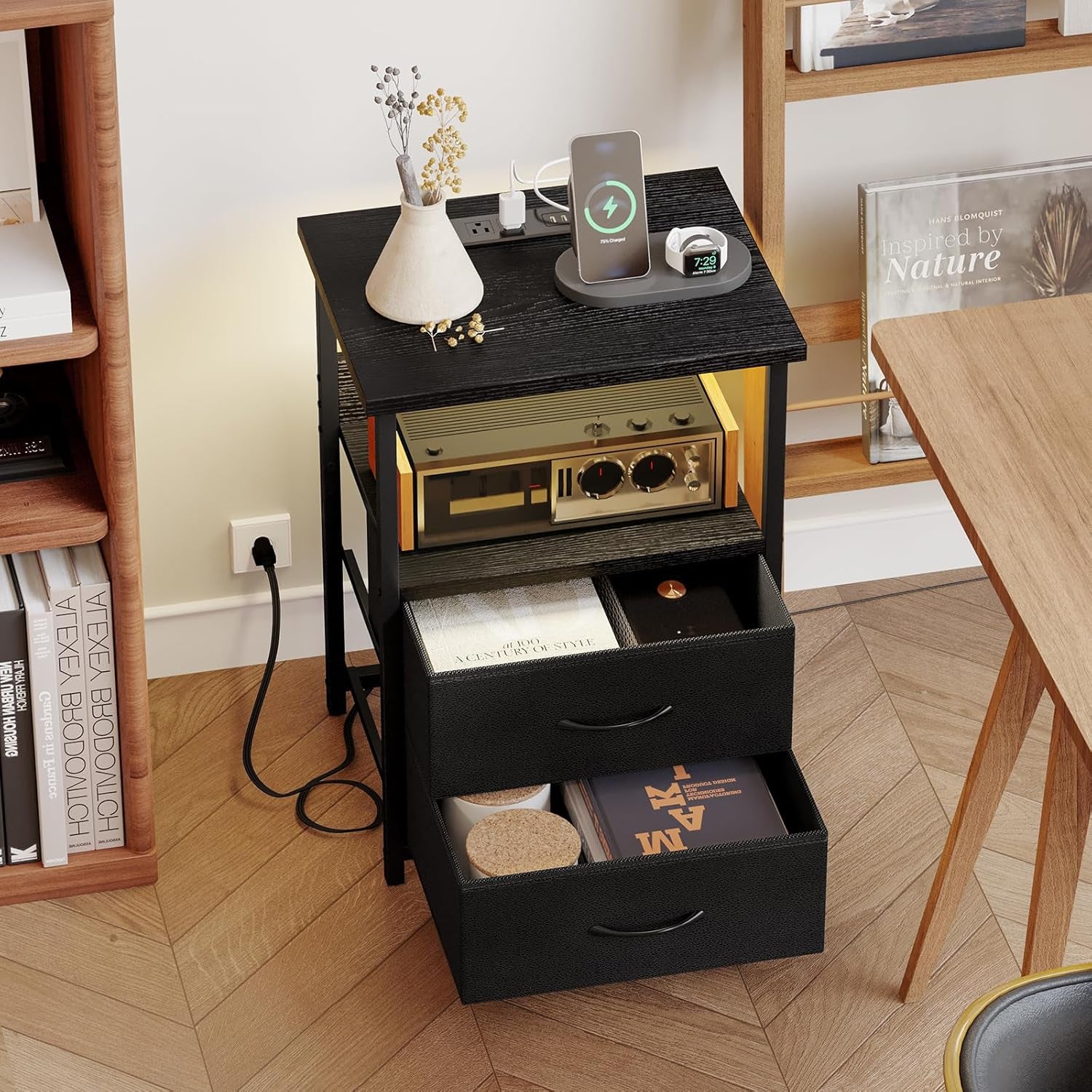 Night Stand with Charging Station, LED Nightstand with U-S-B Ports and Outlets, 2 Fabric Storage Drawers with PU Finish, Small Bedside Table, Black