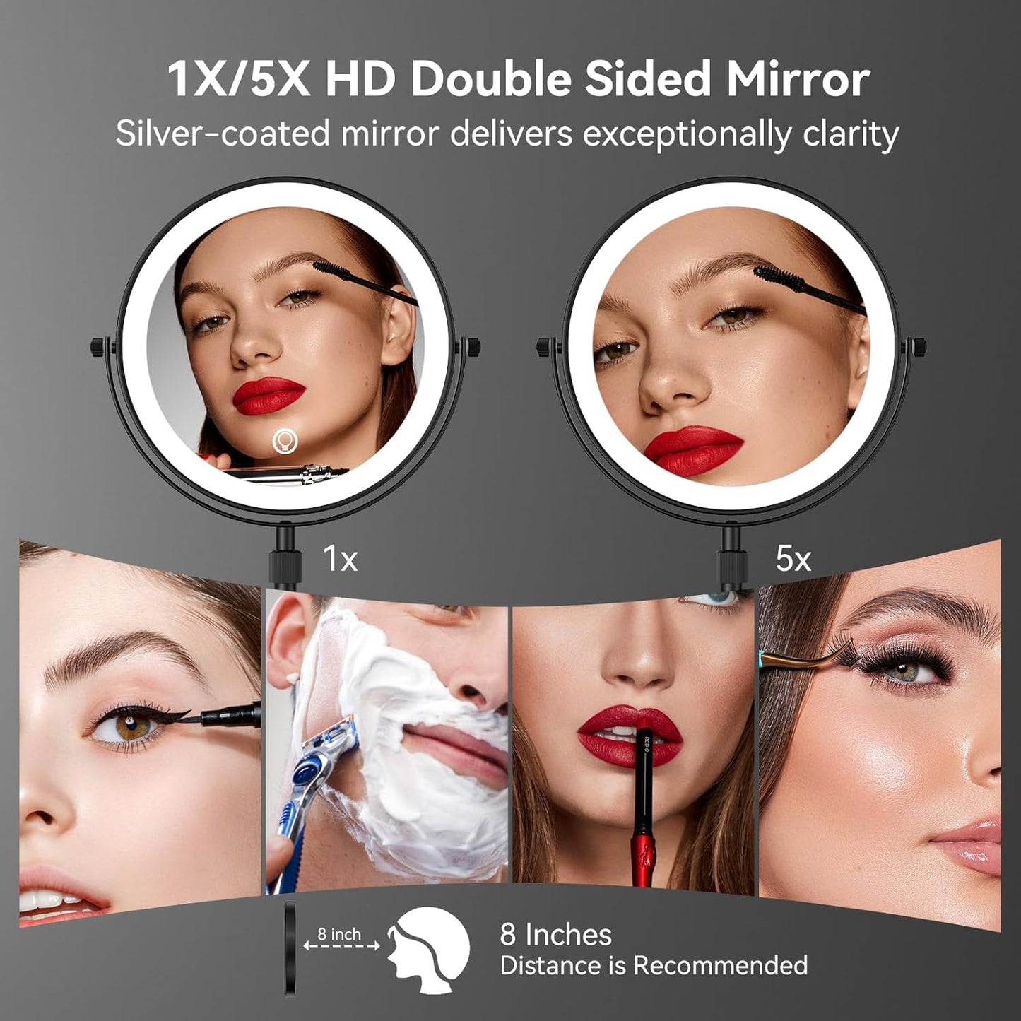 LED Lighted Makeup Mirror Tabletop, 1X/5X Magnifying Mirror with 3 Color Lights, Brightness Adjustable Height Adjustable, Black