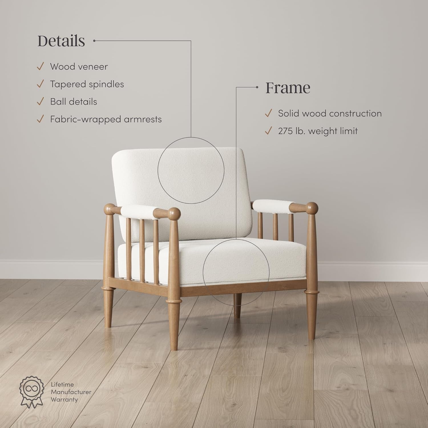 Spencer Boucle Accent Chair, Bohemian Armchair with Solid Wood Frame and Upholstered Foam Cushion, Cream/Light Brown