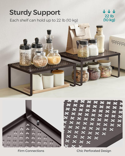 Spice Racks, Set of 4 Metal Cabinet Shelf Organizers, Countertop Organizers, Shelf Risers, Stackable, Expandable, Brown UKCS06BR
