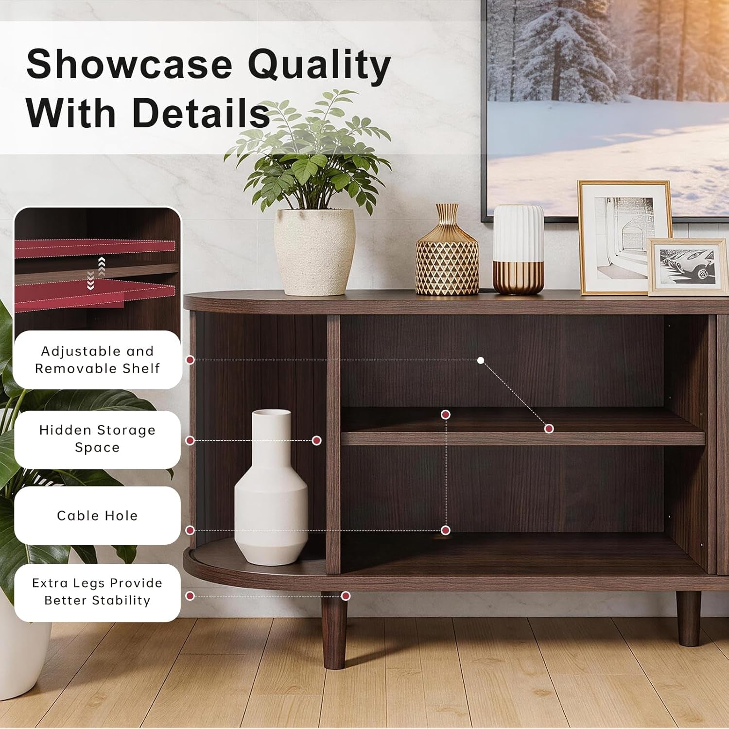 70" Mid Century Modern TV Stand, Wood TV Consoles with Sliding Doors and Power Outlet, Entertainment Center with Adjustable Shelves, Fluted TV Stands for Living Room, Walnut