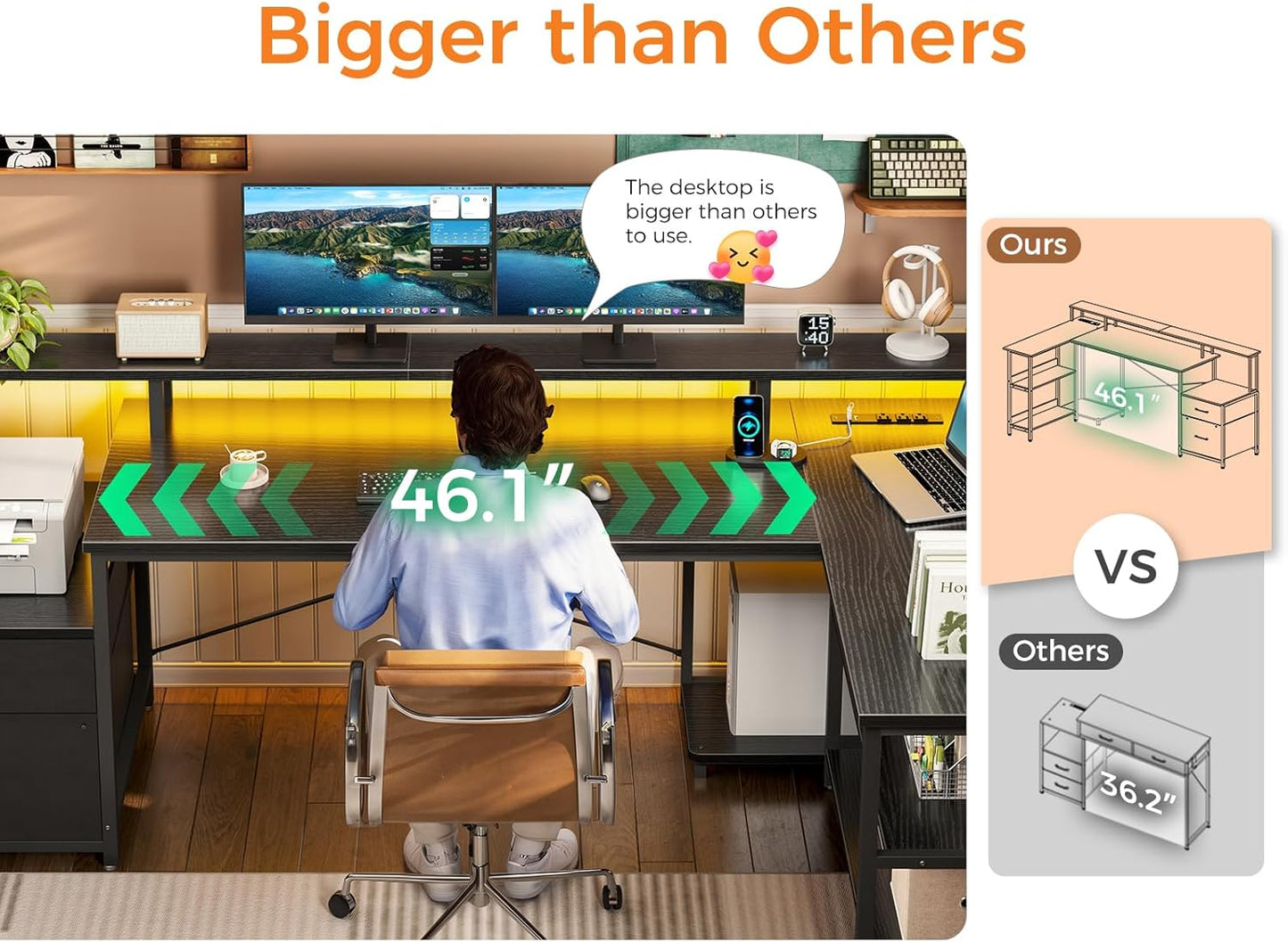 L Shaped Desk with File Drawer, 75" Reversible L Shaped Computer Desk with Power Outlet & LED Strip, Office Desk with Storage Shelves, Gaming Desk with Monitor Shelf, Corner Desk, Black