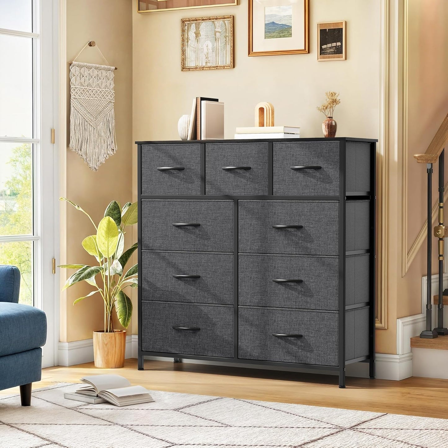 9 Drawers Dresser for Bedroom, Fabric Storage Tower for Living Room, Entryway - Sturdy Steel Frame, Wooden Top & Easy Pull Fabric Bins