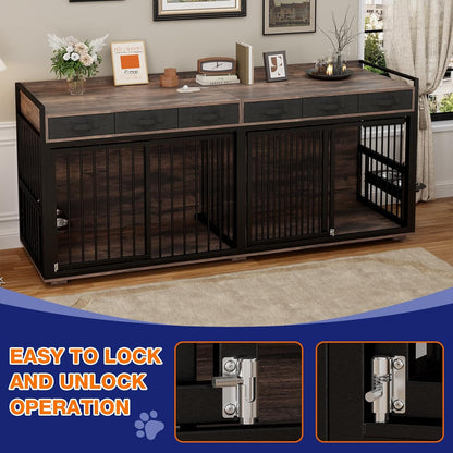 86.6" Large Dog Crate Furniture,Chew-Proof Metal Frame Wooden Double Dog Kennel TV Stand Table with Rotatable Dog Feeder Bowls and Drawers for 2 Dogs Indoor,Rustic Brown