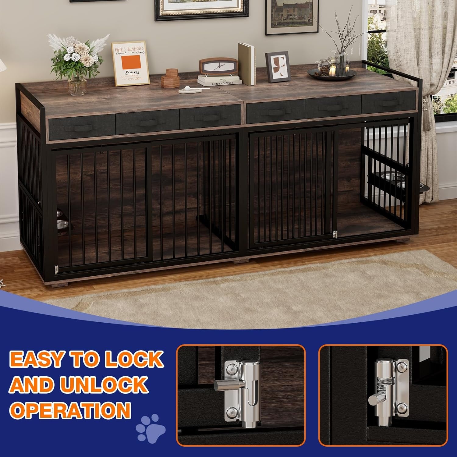 Large Dog Crate Furniture,74.8" Wooden Double Room Dog Crates Indoor Furniture Style with Divider and 2 Drawers,Xxl Heavy Duty Dog Kennel Furniture TV Stand Table for 2 Large Dogs,White