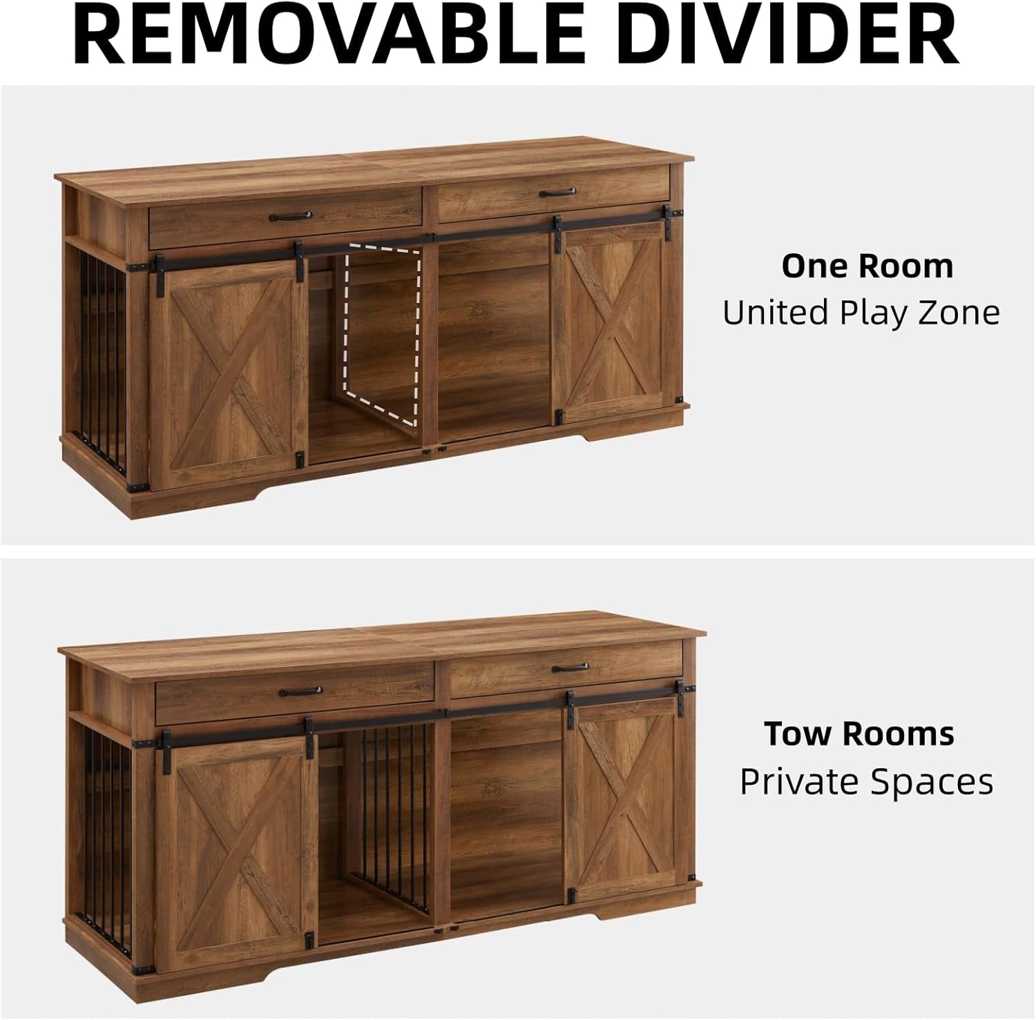 Dual Dog Kennel for 2 Medium Dogs, Wooden Furniture-Style Pet Crate with Removable Divider - 72.5 Inch W Indoor Dog Cage Doubles as TV Stand & Display Shelf (White)